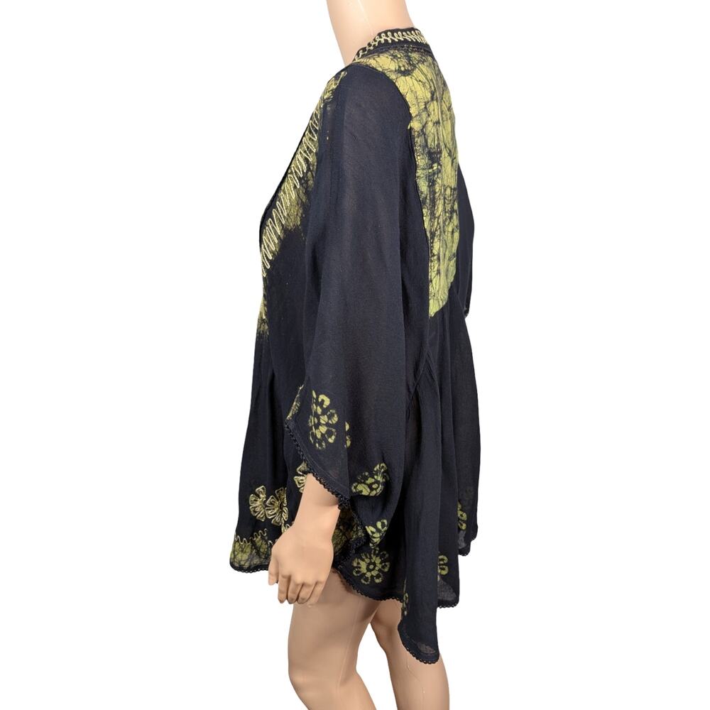 Fashion Terminal Lime Green Black Batik Caftan Tunic Top OS Embroidered Batwing - Picture 6 of 8